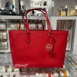 Michael Kors Sheila Large Tote Shoulder Bag Women Purse Zip MK Bright Red Laptop